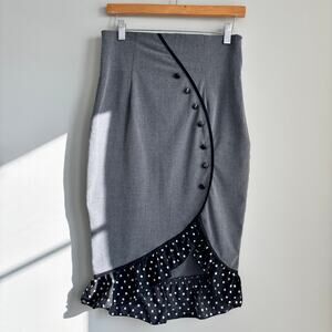 Chic Star Retro Pinup Bombshell Wiggle Skirt Polka Dot Ruffle Faux Buttons Sz 38